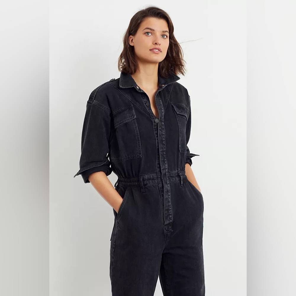 AGOLDE VIANKA DENIM UTILITY BUTTON UP JUMPSUIT LONG SLEEVE IN BLACK SIZE 10 - Picture 3 of 16